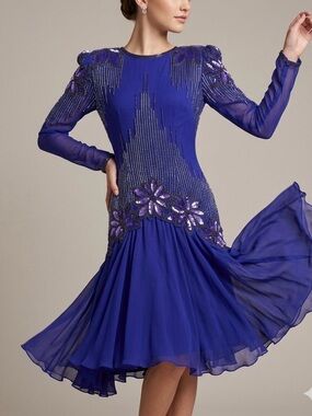 Vintage 80’s Black Tie Beaded Sequin Evening Dress Purple Royal Blue Size 4